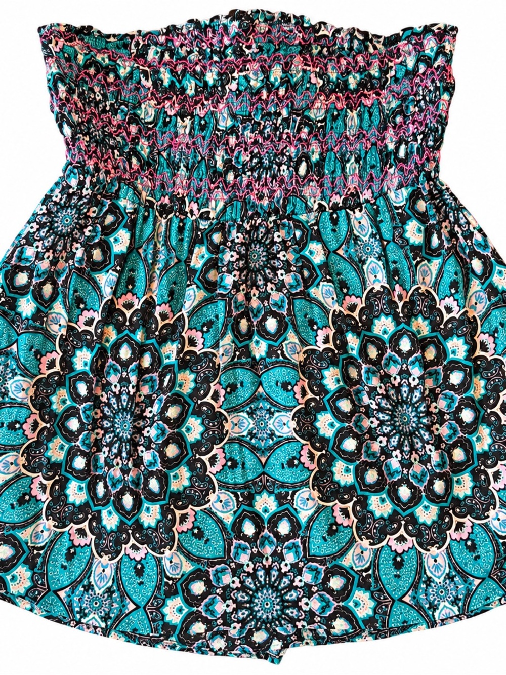 TORRID Strapless Smocked Tube Top Teal Black Mandala Print